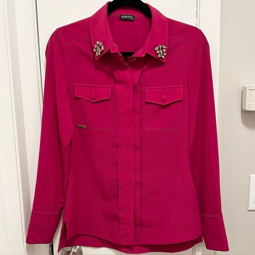 ARMiNE Button Up Gemstone Rhinestone Collared Blouse Womens S Top Pink Fuchsia